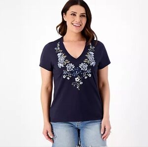 Driftwood Jeans navy blue floral embroidered v-neck tee